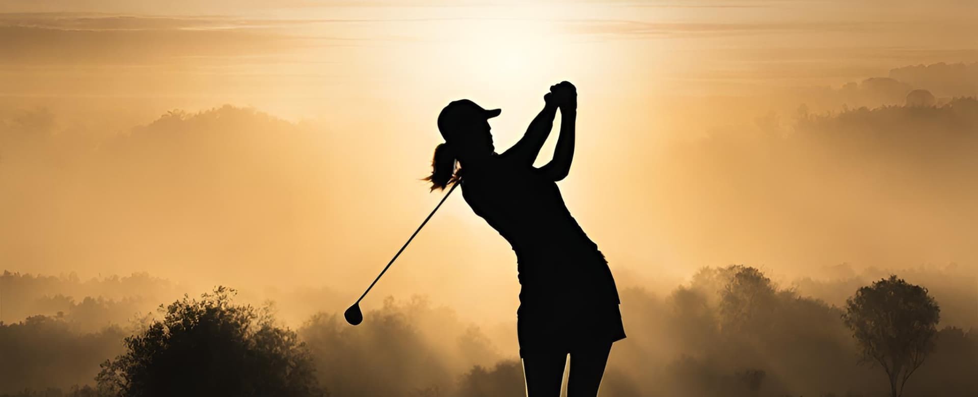 female-golfer-swinging-club-at-sunset